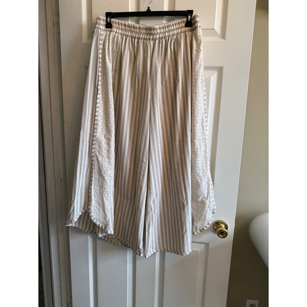 BIBI Tan White Striped Wide Leg Pants Eyelet Lace Trim Boho XL IB1889-01
